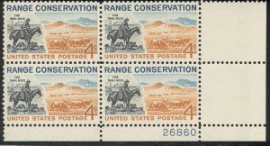 1961 Range Conservation Plate Block of 4 4c Stamps, Sc#1176, MNH, OG