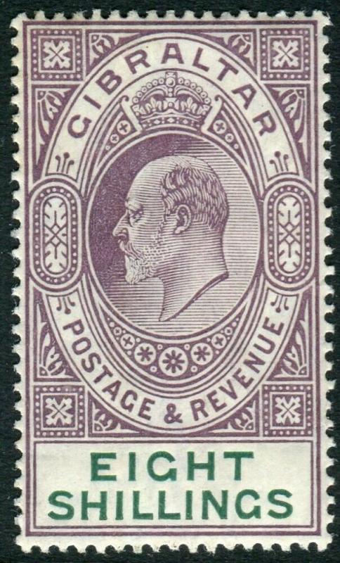 GIBRALTAR-1911 8/- Purple & Green.  A lightly mounted mint example Sg 74