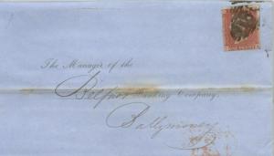 1 RED PENNY T B ON postal history Letter from Great Britain 1853 w/Local cancel 