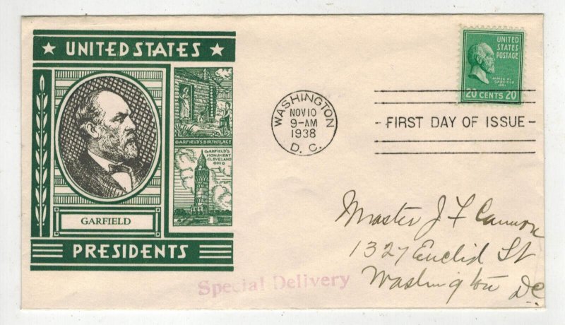 1938 PRESIDENTIAL SERIES FDC STAEHLE 825-19 PRESIDENT GARFIELD