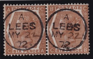 Great Britain S.G. #122 (1872) 6d deep chestnut Victoria Pair Lees CDS VF Used