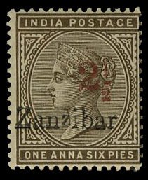 Zanzibar #25 (SG 37) Cat£130, 1896 2 1/2a on 1a6p, lightly hinged, signed Senf