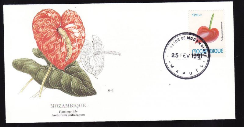 Flora & Fauna of the World #129b-Flower FDC-Flamingo Lily-Mozambique-single stam