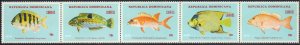 Dominican Republic #761a, Complete Set, Strip of 5, 1976, Fish, Never Hinged
