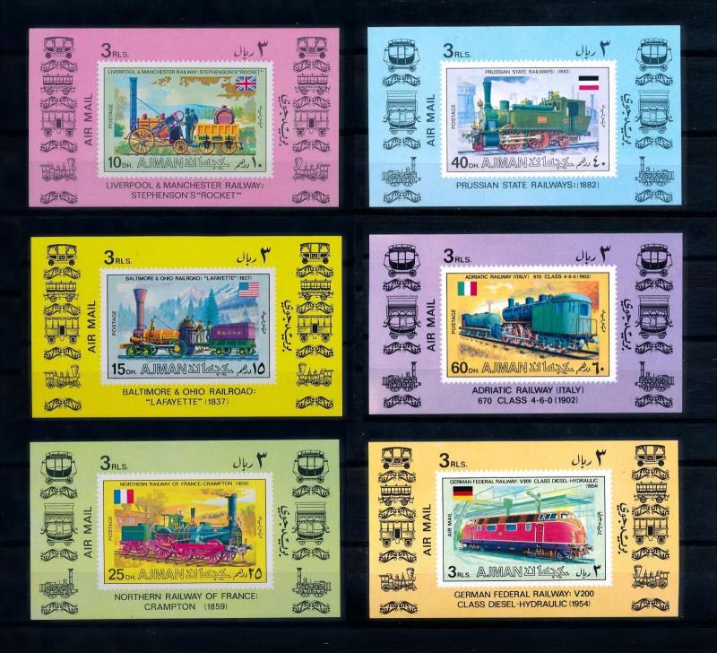 [62321] Ajman 1971 Railway Train Eisenbahn Chemin de Fer 6 Single Sheets MNH