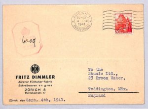 SWITZERLAND Card Zurich GB Middx Teddington WW2 1941 Censor {samwells}YG166