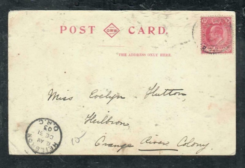 CAPE OF GOOD HOPE COVER (P3006B)  1903 KE 1D ON PPC TO ORANGE RIVER COLONY