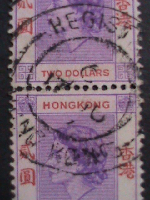 ​HONG KONG-1954 SC#196- 68 YEARS OLD-QUEEN ELIZABETH II -$2 PAIR-FANCY CANCEL