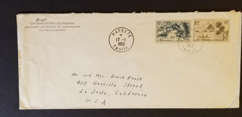 1953  Papeete Tahiti to La Jolla University of California USA Advertising Cover