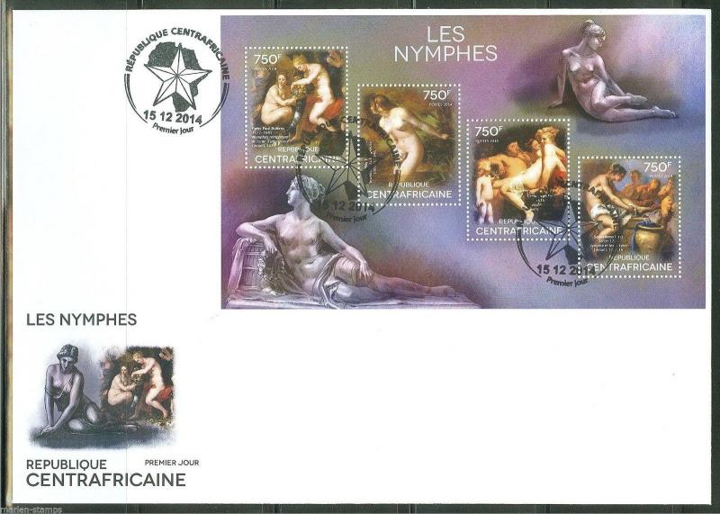 CENTRAL AFRICA  2014 THE NYMPHS RUBENS, ETTY, EVERDINGEN & RICCI SHEET FDC