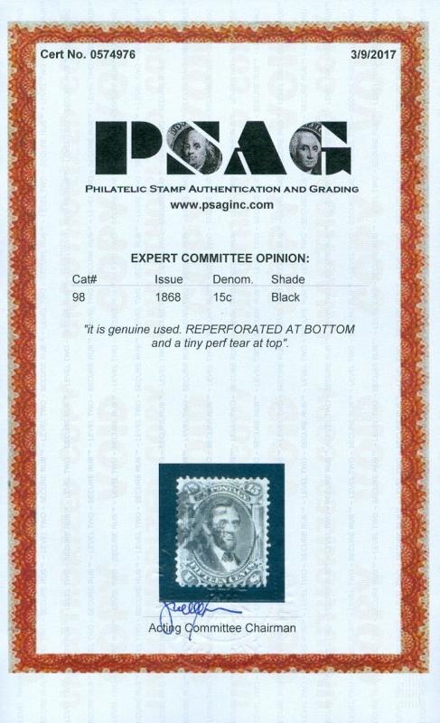 EDW1949SELL : USA 1868 Scott #98 Used. Nice looking. PSAG Cert. Cat $275.