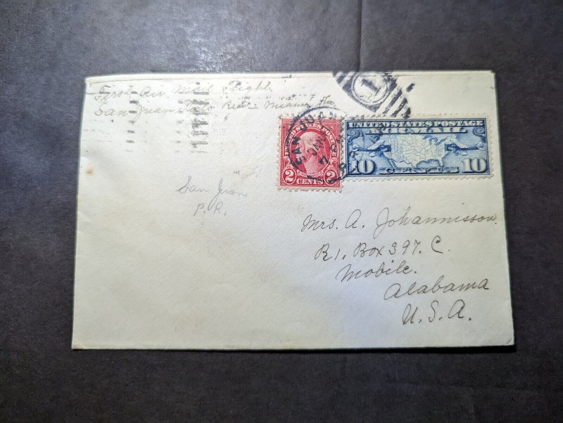 1929 USA Airmail Cover San Juan PR Puerto Rico to Mobile AL