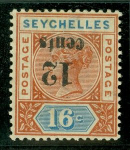 SG 16a Seychelles 1893. 12c on 16c die 1 variety surcharge inverted. Lightly...