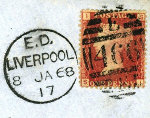 Great Britain 1868 Liverpool Red Penny 1p Postage Numeral Postmark Cover