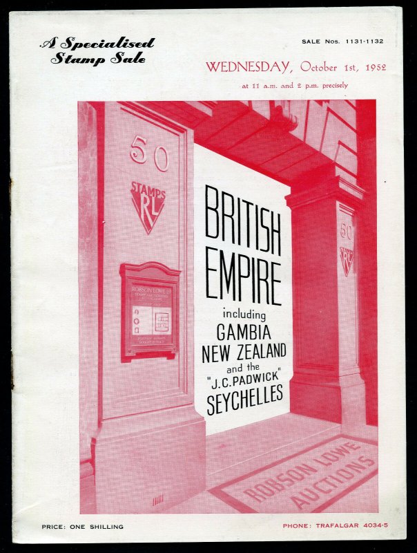 1952 Robson Lowe Specialised British Empire Auction Catalogue (BK#36).