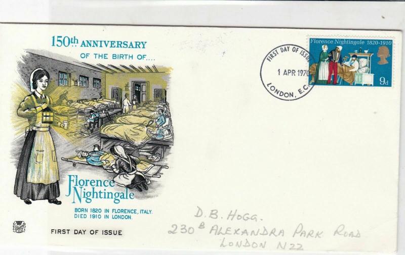 british 1970 150th ann birth Florence Nightingale FDissue stamps cover ref 21542