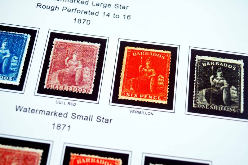 COLOR PRINTED BARBADOS 1852-1966 STAMP ALBUM PAGES (30 illus. pages)