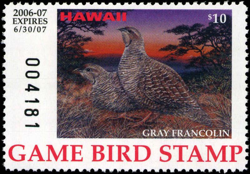 HAWAII #11A 2006 STATE DUCK STAMP GAME BIRD GREY FRANCOLIN by Don Hoyes