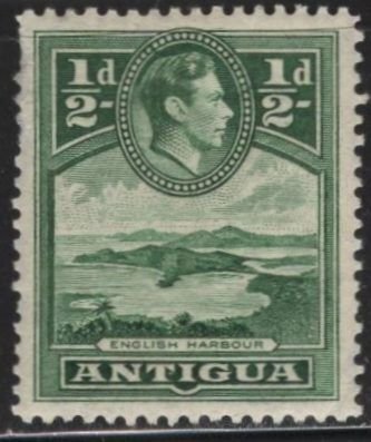 Antigua 84 (mvlh, rough corner,  toning) ½p English Harbor, GVI, yel grn (1938)