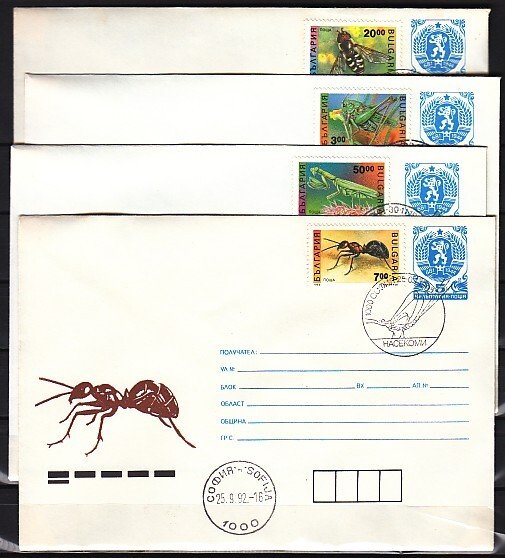Bulgaria, Scott cat. 3712, 3715-17. Ant, Bee , Mantis. 4 First day covers.