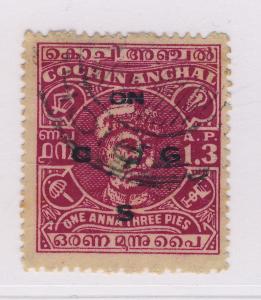 INDIAN STATES / COCHIN - 1946/7 - SG O82a 1a.3p. MAGENTA OVERPRINT DOUBLE - VFU