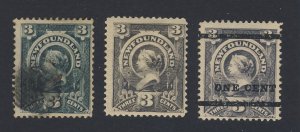 3x Newfoundland Stamps; #60-3c #60a-3c #75-1c/3c OP Guide Value = $90.00