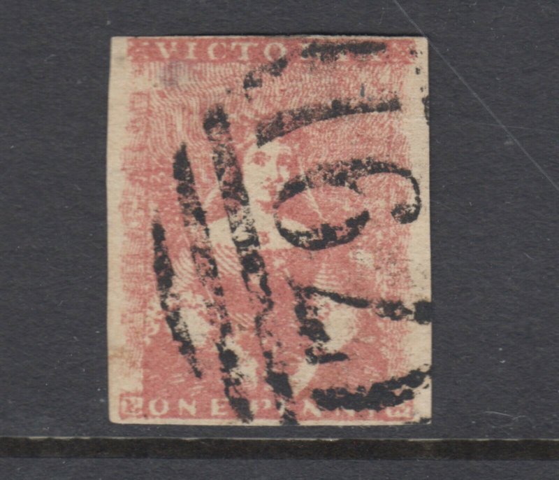 Victoria  Sc 1 used. 1850 1p dull red Victoria, Type II, 4 margins, tiny thin.