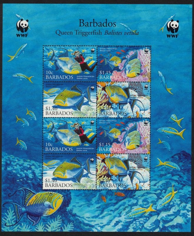 Barbados WWF Queen Triggerfish Diving Fish Sheetlet of 2 sets 2006 MNH