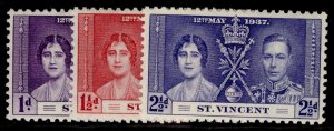 ST. VINCENT GVI SG146-148, 1937 CORONATION set, M MINT.