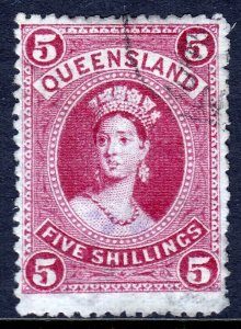 QUEENSLAND — SCOTT 76 (SG 163) — 1895 5/- QV ENGR. THIN PAPER — USED — SCV $35