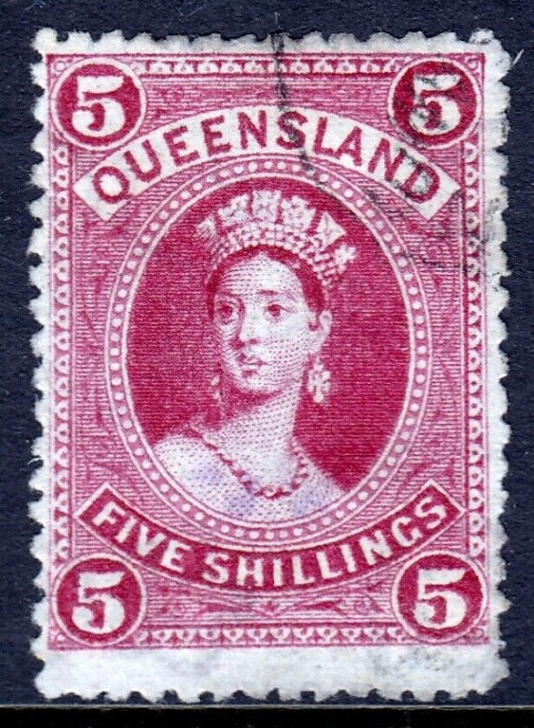 QUEENSLAND — SCOTT 76 (SG 163) — 1895 5/- QV ENGR. THIN PAPER — USED — SCV $35