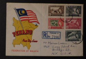 1957 Penang Malaya First Day Cover FDC To Brooklyn USA Federation Cachet