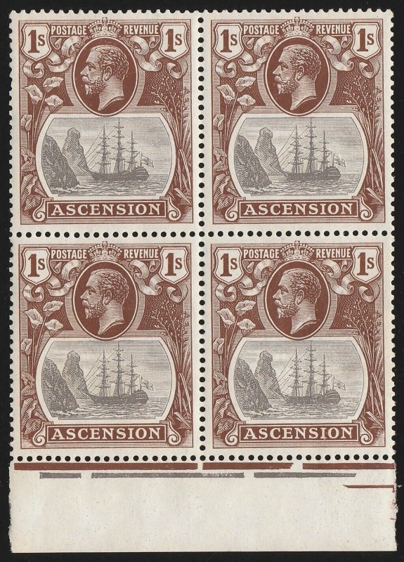 ASCENSION 1924 KGV Ship 1/- block 'torn flag' variety. MNH **.