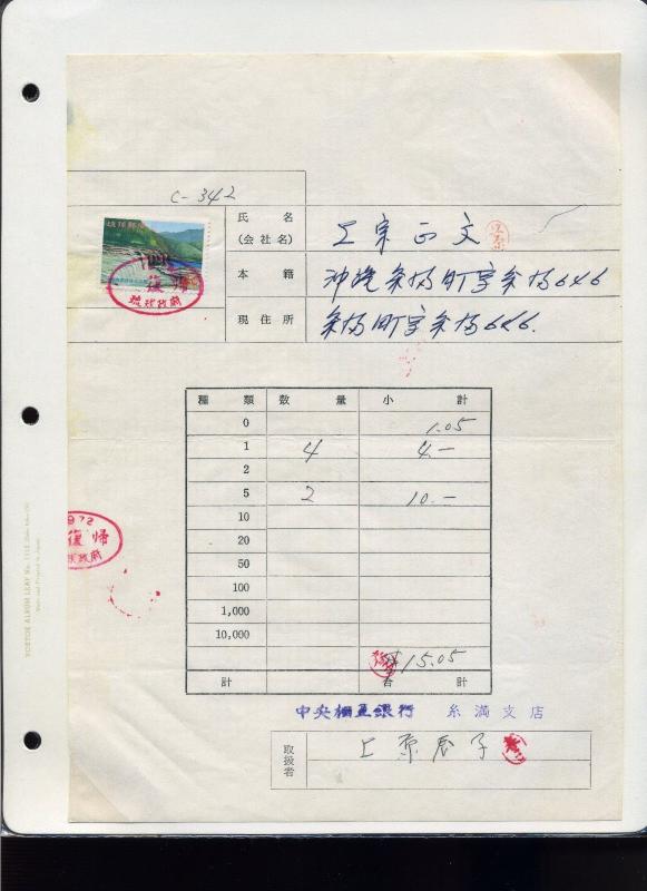 Ryukyu Islands IRIOMOTE Emergency  Conversion Certificate Stamp Used on Document