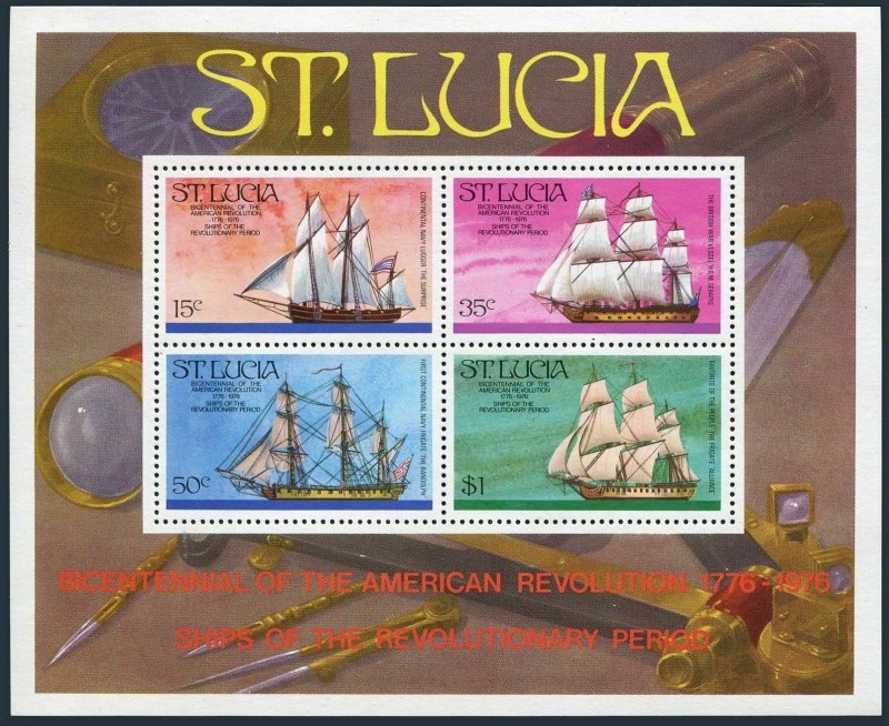 St Lucia 386a,MNH.Mi Bl.8. US-200,1976.Revolutionary Era Ships.