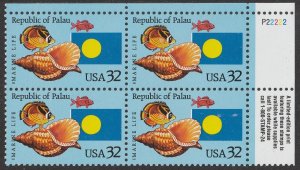 US 2999 Republic of Palau 32c plate block 4 UR P22222 MNH 1995