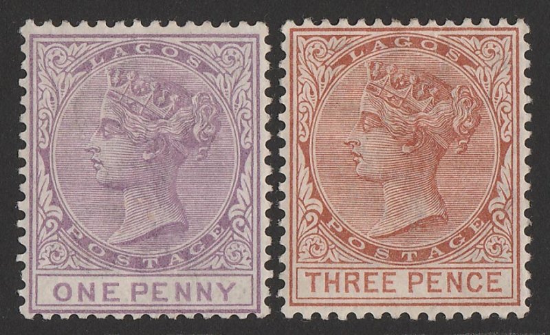 LAGOS 1882 QV 1d lilac-mauve & 3d chestnut, wmk Crown CA, perf 14. 