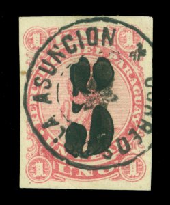 PARAGUAY  1878 LION & Liberty Cap - Surcharged -  5c / 1r rose Scott # 4 used VF