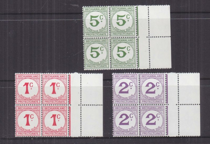 BECHUANALAND, POSTAGE DUE, 1961 Decimal Currency, set of 3. marginal blocks of 4