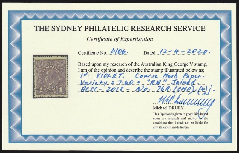 AUSTRALIA 1918 KGV 1d 'RA joined'. Single wmk. Certificate. ACSC 76Aaa(4)j. 