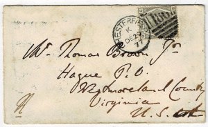 Great Britain 1877 Chesterfield cancel on cover to the U.S., SG 147, Scott 62