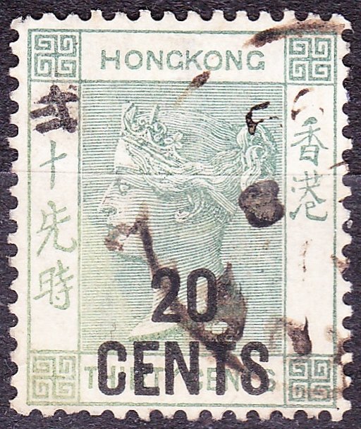 HONG KONG 1891 QV 20c on 30c Grey-Green SG48a Used