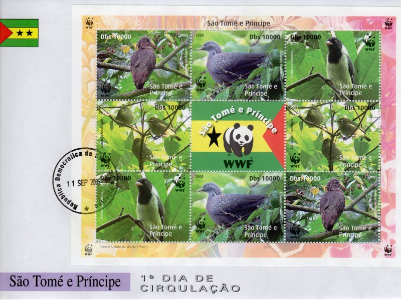 Sao Tome and Principe  2005 WWF/Birds Sheetlet(9) FDC Perforated Groth#U