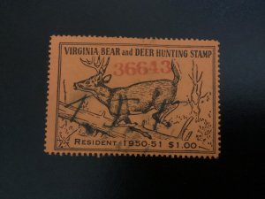 US Virginia State Revenue Big Game #BG25 used 1950-51 Resident no gum bear/deer