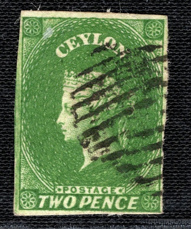 CEYLON QV Stamp SG.3a 2d Yellowish Green (1857) XF Used Cat £90+ YBLUE11