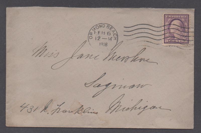 **Florida Machine Cancel Cover Ormond Bch , FL 2/6/1918 Earliest Recd Impression