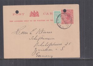 VICTORIA, POSTAL CARD, 1911 1d, Red, uprated 1/2d. HAMILTON cds. to GERMANY.