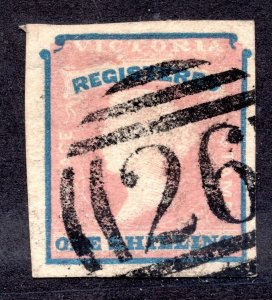 AUSTRALIA VICTORIA 1854 ONE SH. REGISTRATION STAMP SC. #F1 4 CLEAR MARGINS V.F.