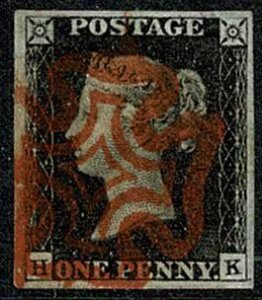 GB 1d Black HK Plate 4. Four good to large margins cancelled by bright red ...