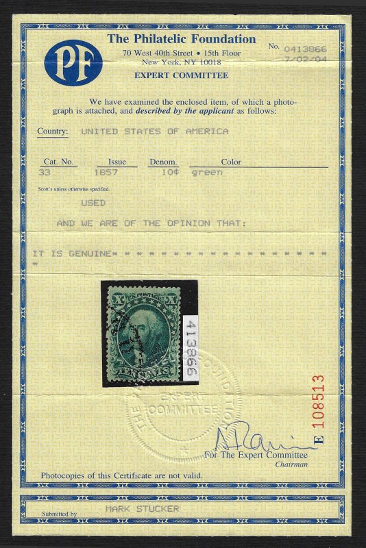 U.S. #33 Used H; 10c Washington (1857) - PF Certificate